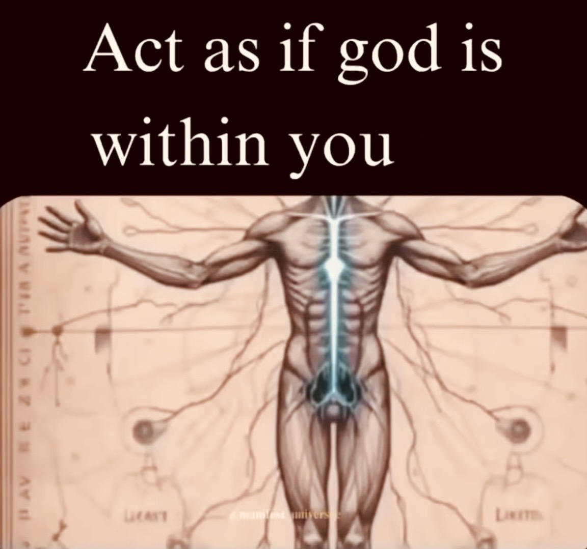 Original Act as if god is within you artwork, showing an anatomical figure with outstretched arms and a luminous central spine, displayed within a cosmic surround.