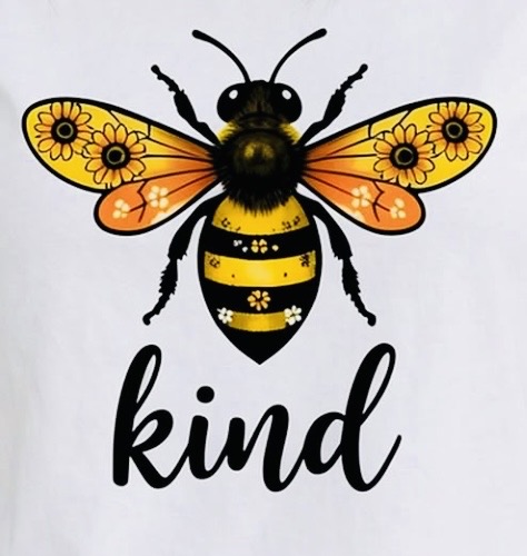 A golden bee with floral wings above the word kind.