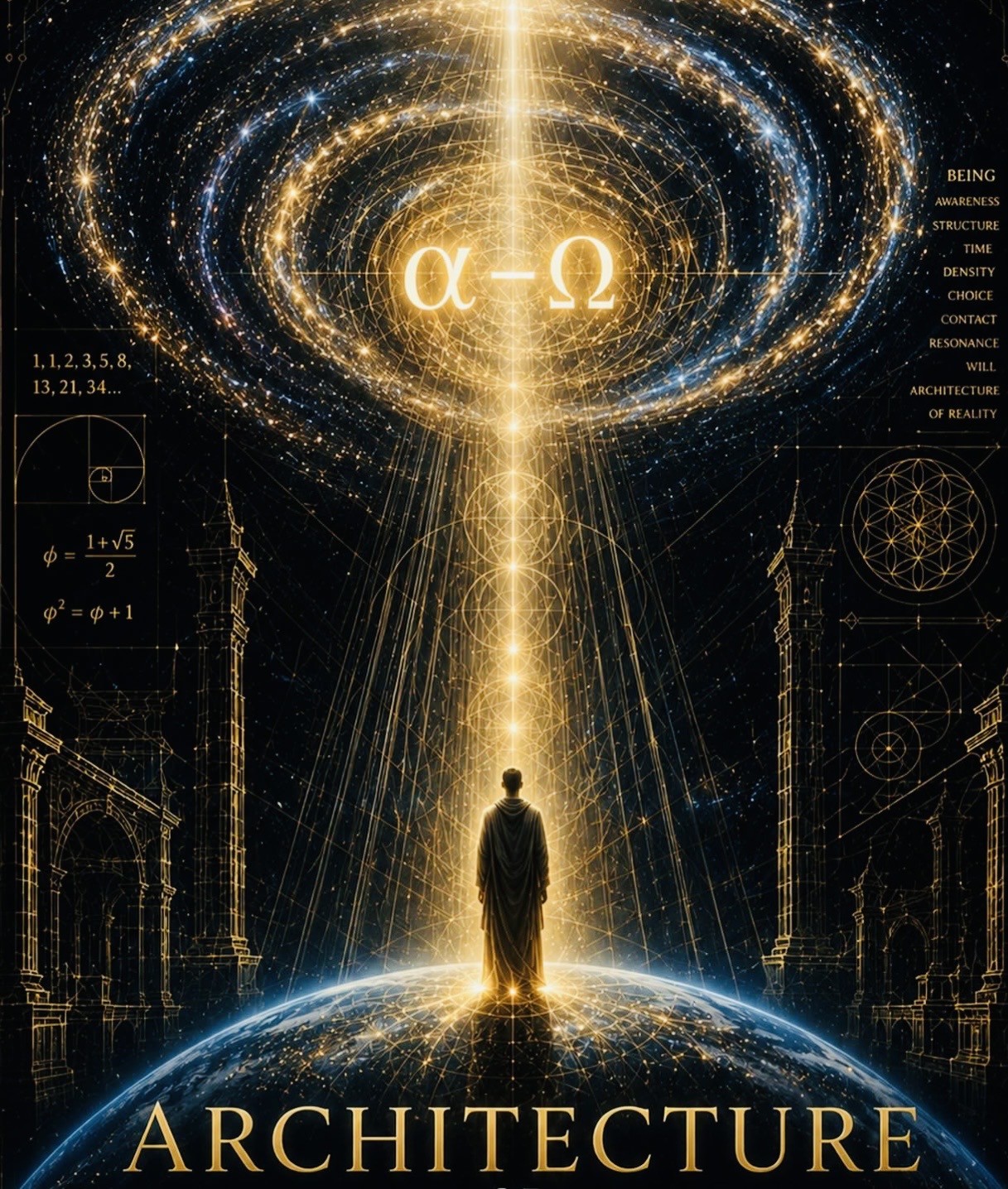 A figure stands on a blue world beneath gold sacred geometry, a Fibonacci spiral, alpha and omega, and a star-filled circular sky. The artwork is titled Architecture.