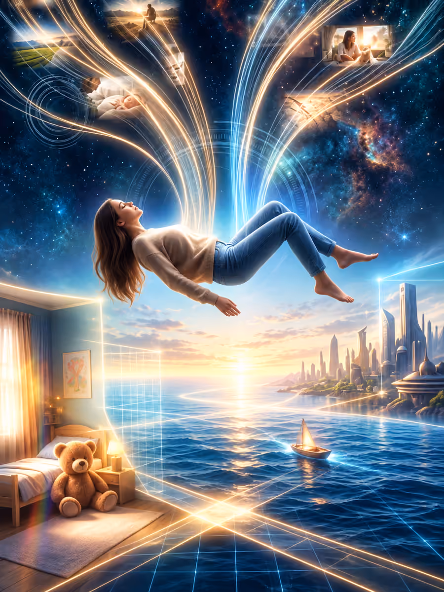 A clothed woman floats in a symbolic dreamscape between childhood memories, the sea and a distant city.