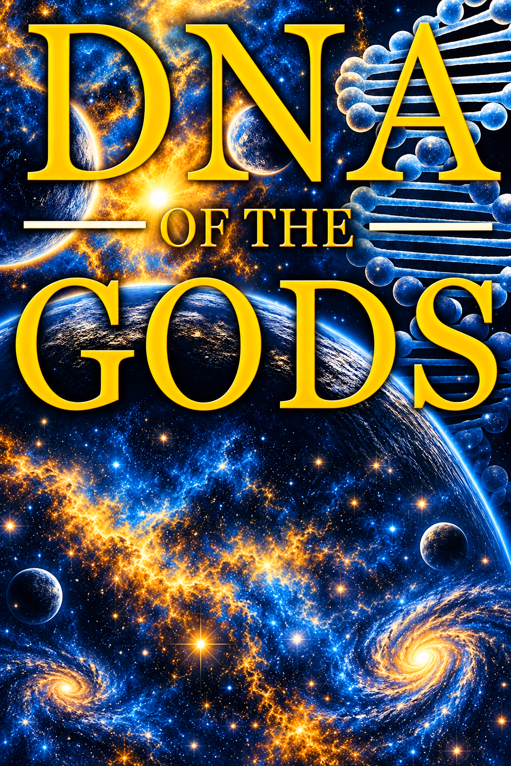 DNA OF THE GODS in gold lettering, with a DNA helix, planets and a tall blue-and-gold cosmic field.