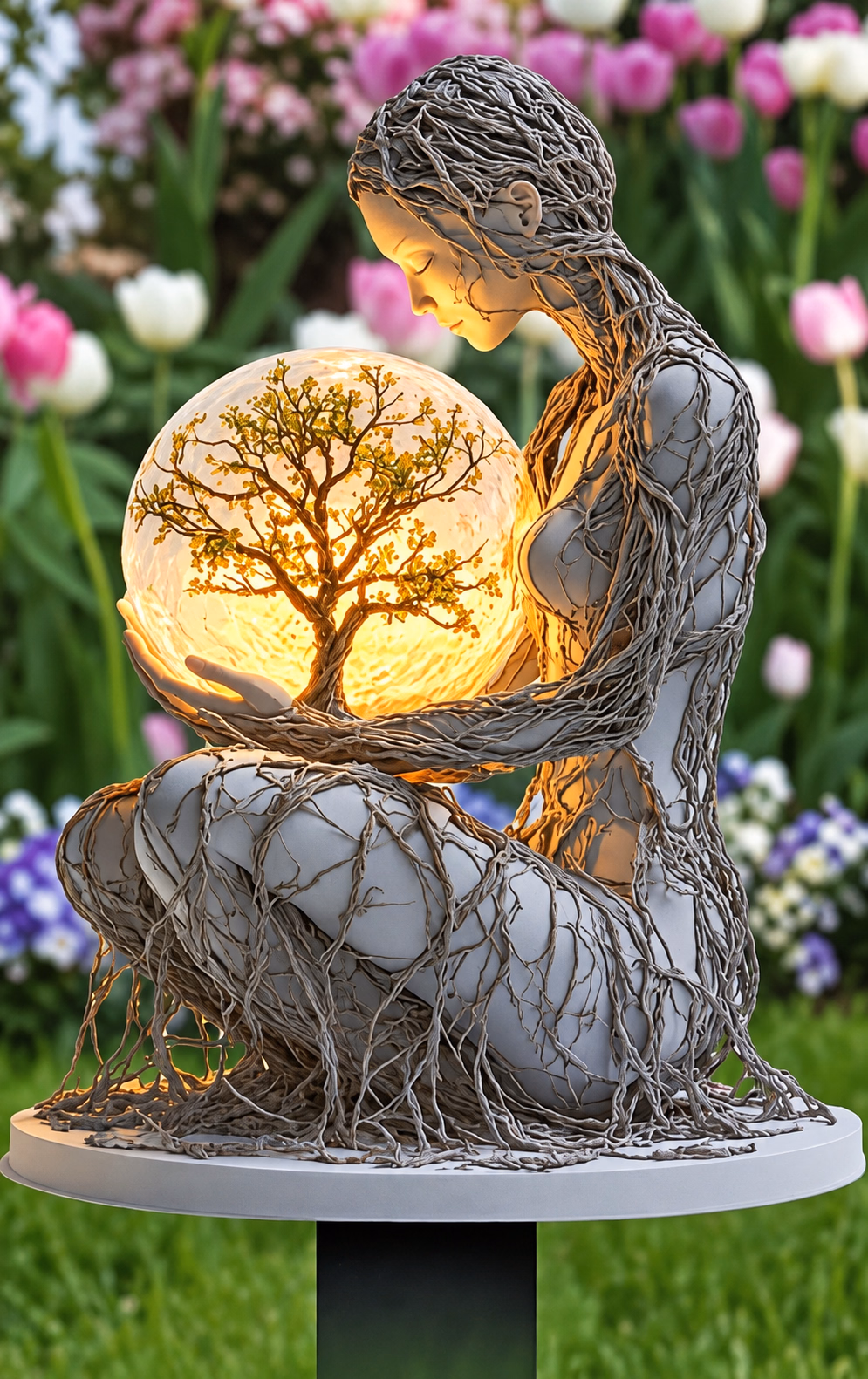 A seated grey sculpture entwined with roots cradles a glowing globe containing a golden tree in a flower garden.