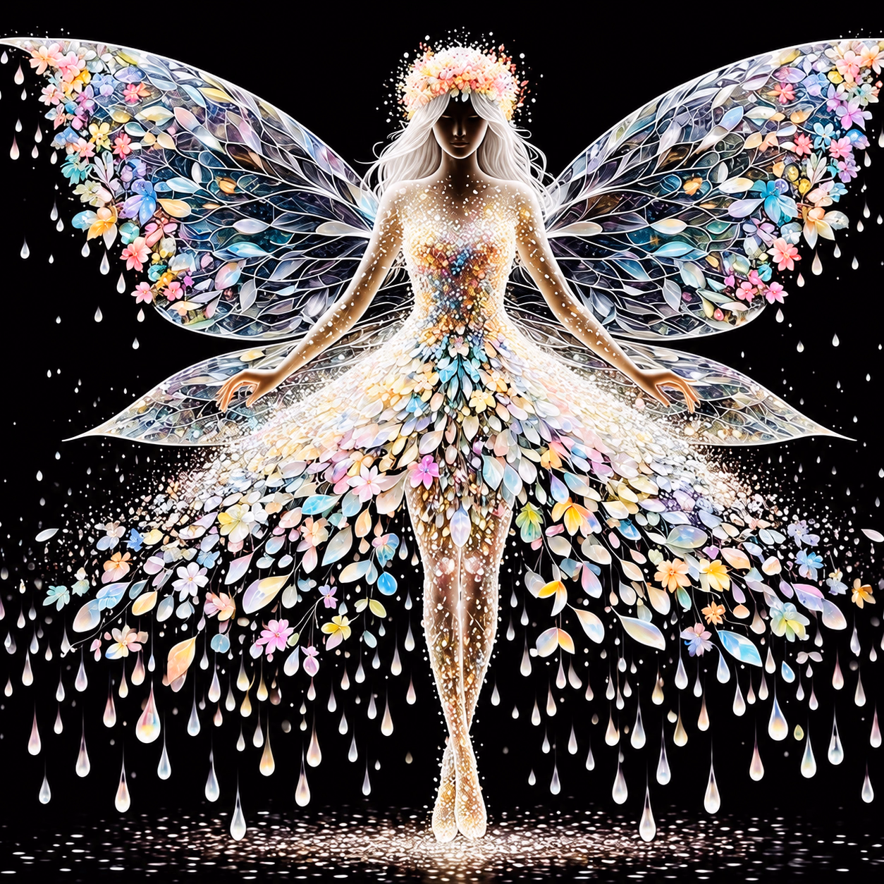 A white-haired floral fairy with delicate translucent wings, a petal dress and falling jewel-like drops against black.