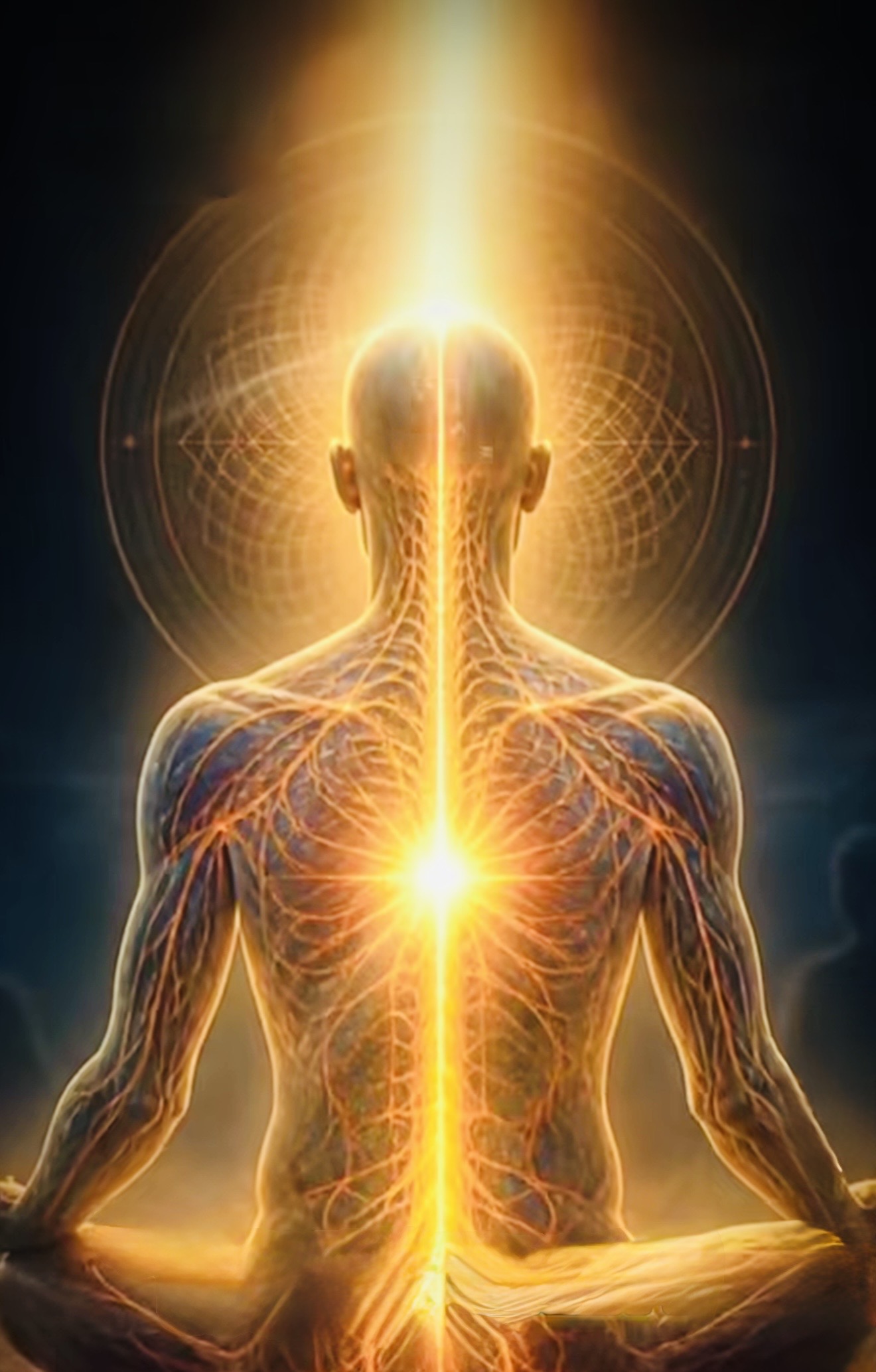 The back of a meditating figure with a symbolic golden thread of light through the spine and heart.