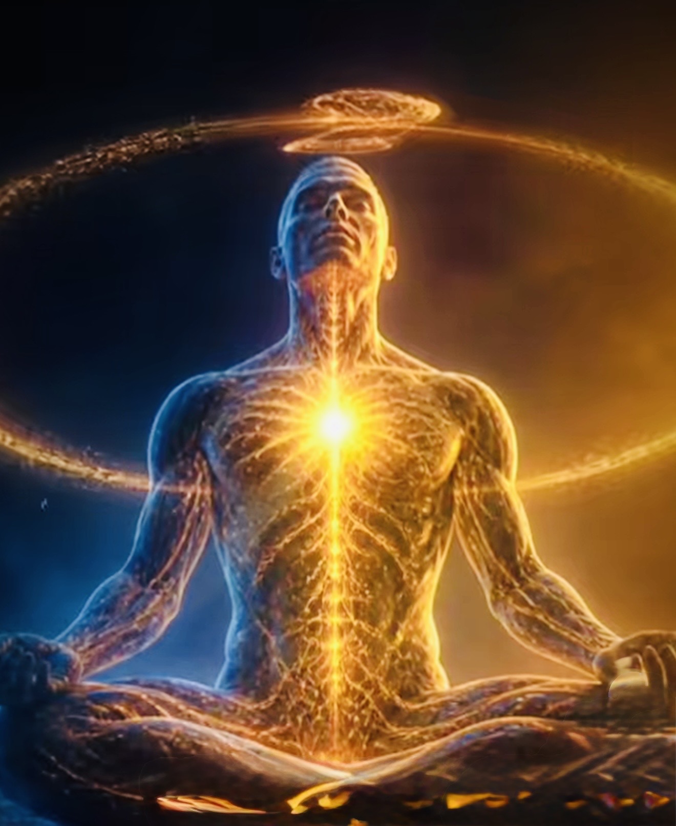 A seated meditating figure with golden light at the heart and a luminous ring overhead.