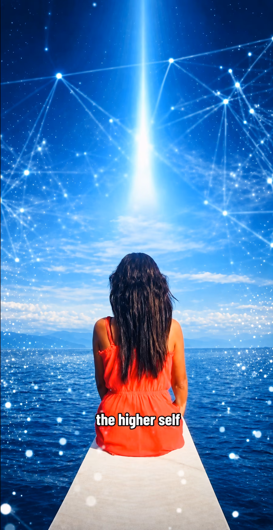 A woman in a red dress sits at the end of a white pier beneath a blue beam of light and constellation patterns. The words read: the higher self.