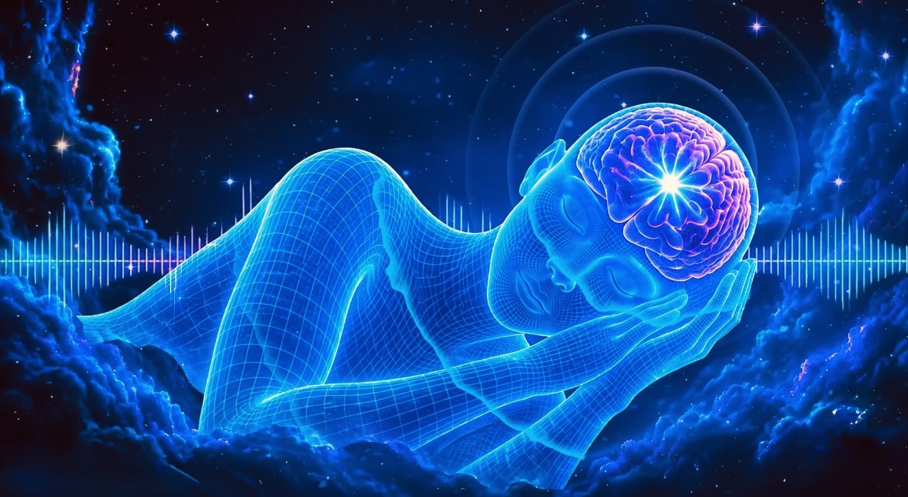A blue sleeping figure rests among stars and clouds, with a luminous illustrated brain and a wave of light.