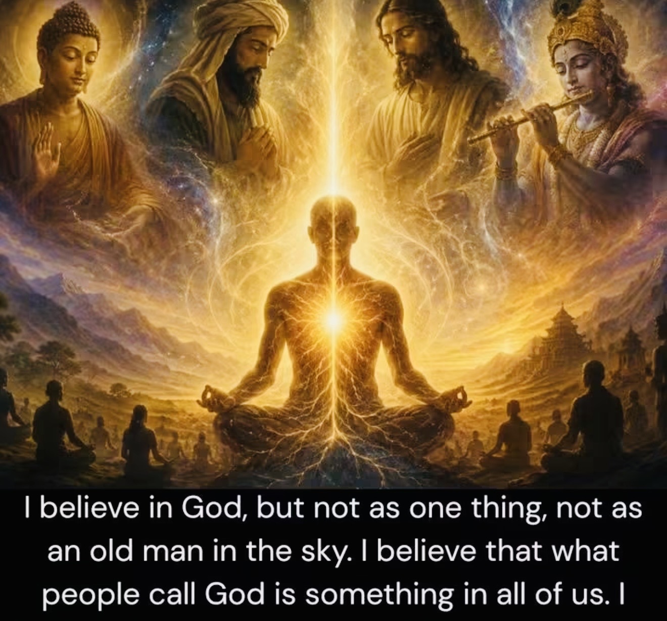 Golden meditation artwork with spiritual figures. I believe in God, but not as one thing, not as an old man in the sky. I believe that what people call God is something in all of us.