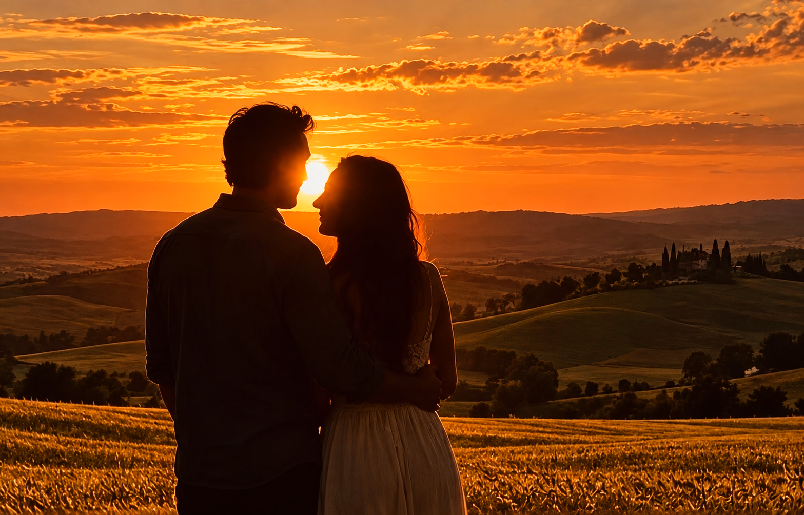 A couple stand close together in silhouette as a golden sunset lights the rolling countryside and fields around them.
